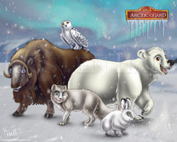 Size: 1500x1200 | Tagged: safe, artist:monocerosarts, part of a set, beshte (the lion guard), bunga (the lion guard), fuli (the lion guard), kion (the lion guard), ono (the lion guard), arctic fox, bear, bird, bird of prey, bovid, canine, fox, hare, lagomorph, mammal, owl, polar bear, snowy owl, feral, disney, the lion guard, the lion king, 2d, female, group, male, muskox, snowshoe hare, species swap, ungulate, watermark