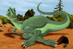 Size: 1280x860 | Tagged: suggestive, artist:raptorsr, laura (dinosaur train), dinosaur, giganotosaurus, reptile, theropod, feral, dinosaur train, pbs, butt, female, presenting, solo, solo female