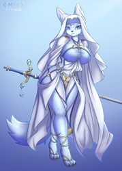 Size: 1250x1750 | Tagged: safe, artist:complextree, oc, oc only, oc:eir (complextree), canine, fox, mammal, anthro, goblin slayer (light novel), 2021, black nose, blue body, blue eyes, blue fur, breasts, claws, clothes, ears, eyebrows, eyelashes, female, fluff, fur, huge breasts, looking at you, multicolored fur, paws, sandals, shoes, smiling, smiling at you, solo, solo female, spear, tail, tail fluff, thick thighs, thighs, two toned body, two toned fur, vixen, weapon, white body, white fur