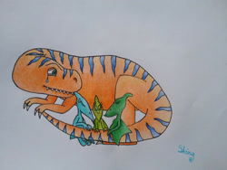 Size: 2592x1944 | Tagged: safe, artist:shinypteranodon, buddy (dinosaur train), don (dinosaur train), shiny (dinosaur train), tiny (dinosaur train), dinosaur, pteranodon, pterosaur, reptile, theropod, tyrannosaurus rex, feral, dinosaur train, pbs, 2d, emotional, female, group, male, older, traditional art, wholesome