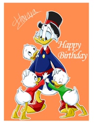 Size: 1000x1300 | Tagged: safe, artist:harara, dewey duck (disney), huey duck (disney), louie duck (disney), scrooge mcduck (disney), bird, duck, waterfowl, anthro, disney, ducktales, ducktales (1987), mickey and friends, 2d, anniversary, brother, brothers, group, male, males only, nephew, siblings, triplets, uncle, uncle and nephew, young
