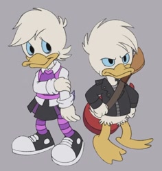 Size: 750x795 | Tagged: safe, artist:itoruna-the-platypus, donald duck (disney), lena (ducktales), bird, duck, waterfowl, anthro, disney, ducktales, ducktales (1987), ducktales (2017), mickey and friends, 2d, duo, female, gray background, male, simple background, style emulation, younger