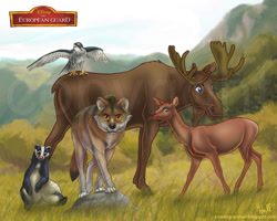 Size: 1200x960 | Tagged: safe, artist:monocerosarts, part of a set, beshte (the lion guard), bunga (the lion guard), fuli (the lion guard), kion (the lion guard), ono (the lion guard), badger, bird, bird of prey, canine, cervid, deer, falcon, mammal, moose, mustelid, peregrine falcon, red deer, wolf, feral, disney, the lion guard, the lion king, 2017, 2d, antlers, beak, bird feet, black body, black fur, blue eyes, brown body, brown fur, colored sclera, feathered wings, feathers, female, fur, gray body, gray fur, group, looking at you, male, obtrusive watermark, outdoors, rock, species swap, spread wings, ungulate, watermark, white body, white fur, wings, yellow sclera