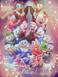 Size: 768x1024 | Tagged: safe, artist:mirabelleleaf31, dewey duck (disney), donald duck (disney), huey duck (disney), launchpad mcquack (ducktales), louie duck (disney), scrooge mcduck (disney), webby vanderquack (ducktales), bird, duck, waterfowl, anthro, disney, ducktales, ducktales (1987), ducktales (2017), mickey and friends, 2d, anniversary, female, group, male, starry eyes, wingding eyes, young