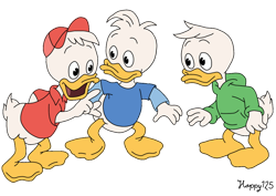 Size: 1024x724 | Tagged: safe, artist:happy125, dewey duck (disney), huey duck (disney), louie duck (disney), bird, duck, waterfowl, anthro, disney, mickey and friends, 2d, bird feet, brother, brothers, feathers, male, males only, siblings, simple background, transparent background, trio, trio male, triplets, white feathers, young