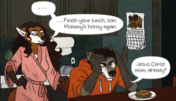 Size: 507x293 | Tagged: suggestive, artist:skurvies, canine, dog, mammal, wolf, anthro, breasts, duo, female, food, implied incest, low res, male, mother, mother and child, mother and son, sandwich, son