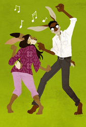 Size: 800x1175 | Tagged: source needed, useless source url, safe, artist:skurvies, hare, lagomorph, mammal, anthro, barefoot, buckteeth, couple, dancing, duo, eyes closed, feet, female, glasses, hippie, male, musical note, smiling, soles, teeth, tippy-toes, toes
