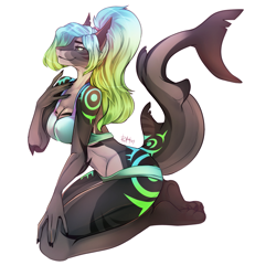 Size: 1185x1280 | Tagged: safe, artist:kristiana_puff, oc, oc only, oc:aurora (kamikazekit), fish, shark, anthro, 2020, 5 fingers, bikini, black sclera, blue eyes, blue hair, body markings, breasts, clothes, colored sclera, digital art, eyebrows, feet, female, fingers, fins, green body, green eyes, green hair, hair, hand on chest, hand on knee, hand on leg, long hair, looking at you, marine, multicolored hair, simple background, smiling, solo, solo female, swimsuit, toes