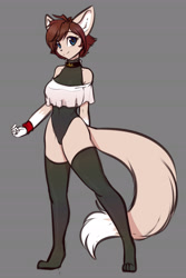 Size: 1992x2988 | Tagged: safe, artist:scorpdk, oc, oc only, oc:amelia (scorpdk), canine, fox, mammal, anthro, digitigrade anthro, 2016, blue eyes, body markings, brown hair, clothes, dipstick tail, female, gloves (arm marking), gray background, hair, legs, legwear, leotard, looking at you, multicolored tail, sexy, short hair, simple background, smiling, solo, solo female, tail, thick thighs, thigh highs, thighs, thong leotard, two toned tail, vixen
