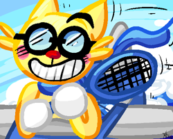 Size: 500x400 | Tagged: safe, artist:shinytotodile, forthington (rhythm heaven), cat, feline, mammal, anthro, nintendo, rhythm heaven, aircraft, airplane, goggles, holding object, low res, male, racket, sky, smiling, solo, solo male, vehicle