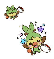 Size: 1178x1280 | Tagged: safe, artist:honeytongue, fictional species, grookey, mammal, feral, nintendo, pokémon, rhythm heaven, ambiguous gender, blushing, cute, flower, high angle, looking at you, musical instrument, open mouth, simple background, solo, solo ambiguous, starter pokémon, tambourine, white background