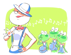 Size: 622x483 | Tagged: safe, artist:somsomik, amphibian, frog, anthro, nintendo, rhythm heaven, bedroom eyes, bow, bow tie, clothes, female, female focus, group, hat, male, musical note, solo focus