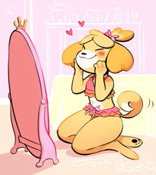 Size: 555x623 | Tagged: safe, artist:somsomik, isabelle (animal crossing), canine, dog, mammal, shih tzu, anthro, plantigrade anthro, animal crossing, nintendo, adorasexy, blushing, bra, clothes, cute, eyes closed, female, heart, lingerie, panties, paws, sexy, sitting, solo, solo female, tail, tail wag, underwear