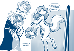 Size: 1719x1196 | Tagged: safe, artist:twokinds, roselyn (twokinds), saria (twokinds), trace (twokinds), fictional species, human, keidran, mammal, anthro, twokinds, body swap, clothes, nudity, robe