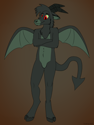 Size: 2140x2838 | Tagged: safe, artist:crufox, oc, oc:jersey devil (shawn keller), bovid, caprine, fictional species, goat, jersey devil, mammal, anthro, unguligrade anthro, margarita paranormal, 2021, colored sclera, crossed arms, digital art, ears laid back, featureless crotch, fluff, front view, fur, gradient background, green body, green fur, green sclera, hair, high res, hooves, horns, male, pubic fluff, red eyes, smiling, solo, solo male, spread wings, standing, tail, ungulate, unshorn fetlocks, webbed wings, wings