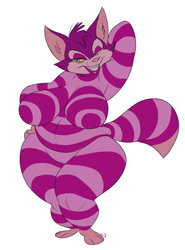 Size: 600x811 | Tagged: suggestive, artist:slb94, cheshire cat (disney's alice in wonderland), cat, feline, mammal, anthro, alice in wonderland (1951), disney, anthrofied, big breasts, breasts, female, fur, rule 63, simple background, solo, solo female, striped fur, white background