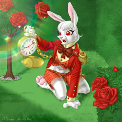 Size: 1280x1280 | Tagged: safe, artist:sirena de sire, white rabbit (disney's alice in wonderland), lagomorph, mammal, rabbit, anthro, alice in wonderland (1951), disney, 2d, breasts, female, flower, fur, red eyes, rose, rule 63, solo, solo female, watch, white body, white fur