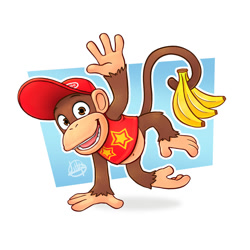 Size: 2000x2000 | Tagged: safe, artist:luigil, diddy kong (donkey kong), fictional species, kong (species), mammal, monkey, primate, semi-anthro, donkey kong (series), nintendo, 2d, banana, brown eyes, food, fruit, high res, male, solo, solo male, spider monkey