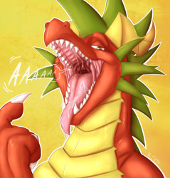 Size: 1224x1280 | Tagged: suggestive, artist:blitzit, dragon, fictional species, reptile, scaled dragon, ambiguous form, bust, male, mawshot, open mouth, portrait, saliva, tongue, tongue out