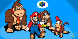 Size: 1920x960 | Tagged: safe, artist:taylorswitch64, banjo (banjo-kazooie), diddy kong (donkey kong), donkey kong (donkey kong), mario (mario), ape, bear, fictional species, gorilla, human, kong (species), mammal, monkey, primate, anthro, plantigrade anthro, banjo-kazooie, donkey kong (series), mario (series), nintendo, nintendo 64, rareware, crossover, group, male, males only, spider monkey