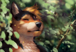 Size: 1000x684 | Tagged: safe, artist:goldendruid, canine, dog, mammal, bust, eyes closed, forest, portrait, solo