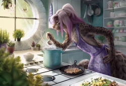 Size: 1280x875 | Tagged: safe, artist:goldendruid, big cat, feline, mammal, snow leopard, anthro, ambiguous gender, apron, clothes, cooking, kitchen, pot, scenery, solo, solo ambiguous