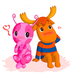 Size: 682x683 | Tagged: safe, artist:laaura-te, tyrone (the backyardigans), uniqua (the backyardigans), cervid, fictional species, mammal, moose, uniqua (species), anthro, nickelodeon, the backyardigans, 2d, blushing, cute, duo, female, heart, male, male/female, shipping, young