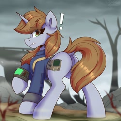 Size: 1750x1750 | Tagged: safe, artist:shadowreindeer, oc, oc:littlepip, equine, fictional species, mammal, pony, unicorn, feral, fallout equestria, fallout, friendship is magic, hasbro, my little pony, 2021, brown hair, butt, clothes, cutie mark, dock, exclamation point, eye through hair, eyelashes, featureless crotch, female, fur, gray body, gray fur, green eyes, hair, hooves, looking at you, looking back, looking back at you, mane, outdoors, pipbuck, raised hoof, rear view, solo, solo female, standing, tail, wasteland