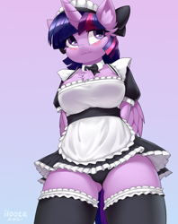 Size: 714x900 | Tagged: suggestive, artist:iloota, twilight sparkle (mlp), alicorn, equine, fictional species, mammal, pony, anthro, friendship is magic, hasbro, my little pony, anthrofied, blue hair, blushing, breasts, butt, chest fluff, clothes, ear fluff, eyebrow through hair, eyebrows, eyelashes, female, fluff, fur, gradient background, hair, hands behind back, horn, legwear, maid, mare, multicolored hair, panties, pink hair, purple body, purple eyes, purple fur, purple hair, solo, solo female, stockings, striped hair, thigh highs, underass, underwear, wings