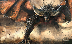 Size: 1959x1196 | Tagged: safe, artist:aeflus, fictional species, monster, nergigante, reptile, feral, monster hunter, 2018, ambiguous gender, big horns, digital art, digital painting, front view, horns, red eyes, reptile feet, solo, solo ambiguous, spines, webbed wings, wings