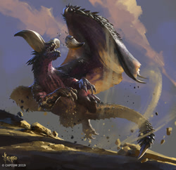 Size: 1024x990 | Tagged: safe, artist:bayardwu, official art, fictional species, monster, nergigante, reptile, feral, capcom, monster hunter, 2019, ambiguous gender, big horns, broken horn, claws, digital art, digital painting, horns, outdoors, purple body, reptile feet, rock, scenery, sharp teeth, solo, solo ambiguous, tail, teeth, webbed wings, wings