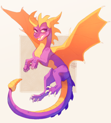 Size: 1200x1319 | Tagged: safe, artist:maplespyder, spyro the dragon (spyro), dragon, fictional species, reptile, scaled dragon, western dragon, feral, spyro the dragon (series), 2018, claws, flying, horns, male, open mouth, purple eyes, purple scales, reptile feet, scales, solo, solo male, spread wings, tail, webbed wings, wings, yellow scales