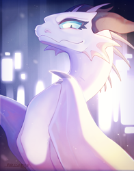 Size: 782x1000 | Tagged: safe, artist:maplespyder, oc, oc only, dragon, fictional species, reptile, scaled dragon, western dragon, feral, 2018, blue eyes, bust, digital art, folded wings, horns, long neck, looking at you, side view, signature, smug, solo, webbed wings, white body, wings