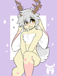 Size: 1692x2256 | Tagged: safe, artist:fleurfurr, oc, oc only, oc:fleur, fictional species, jackalope, lagomorph, mammal, anthro, :3, abstract background, antlers, big ears, chest fluff, complete nudity, cream body, cream fur, cute, cute little fangs, ears, eye through hair, fangs, floppy ears, fluff, front view, fur, gray hair, hair, long ears, male, nudity, pink body, pink fur, smiling, solo, solo male, tail, teeth, watermark, white body, white fur, yellow eyes
