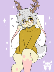 Size: 1692x2256 | Tagged: safe, artist:fleurfurr, oc, oc only, oc:fleur, fictional species, jackalope, lagomorph, mammal, anthro, :3, abstract background, antlers, big ears, bottomless, clothes, cream body, cream fur, cute, cute little fangs, ears, eye through hair, fangs, floppy ears, front view, fur, glasses, gray hair, hair, long ears, male, nudity, partial nudity, pink body, pink fur, round glasses, smiling, solo, solo male, sweater, tail, teeth, topwear, watermark, white body, white fur, yellow eyes