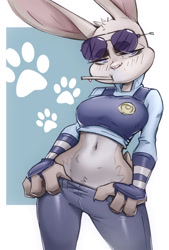 Size: 828x1222 | Tagged: safe, artist:mcfli, judy hopps (zootopia), lagomorph, leporid, mammal, rabbit, anthro, disney, zootopia, 2020, belly button, blush lines, blushing, border, bottomwear, breasts, clothes, crop top, cropped shirt, eyewear, female, fluff, fur, glasses, glasses on head, gray body, gray fur, midriff, pants, pink nose, police uniform, pubic fluff, solo, solo female, sunglasses, sunglasses on head, topwear, uniform, wide hips