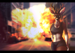 Size: 1200x857 | Tagged: safe, artist:sunny way, oc, oc only, cervid, deer, mammal, anthro, antlers, belly, belly button, breasts, brown body, brown fur, clothes, cool, digital art, ear fluff, ears, epic, explosion, female, fire, fluff, fur, green eyes, looking at you, panties, patreon reward, pinup, road, signature, smiling, solo, solo female, street, topwear, underwear