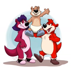 Size: 1511x1482 | Tagged: safe, artist:orlandofox, canine, fox, mammal, mustelid, otter, red fox, semi-anthro, disney, arm fluff, baby butter otter (pb&j otter), black eyes, black nose, brother, brother and sister, chest fluff, clothes, diaper, female, fluff, footwear, fur, group, hair, head fluff, jelly otter (pb&j otter), leg fluff, male, pb&j otter, peanut otter (pb&j otter), pink body, purple hair, shoes, shoulder fluff, siblings, signature, sister, sisters, tail, tail fluff, tan body, tan fur, trio, white belly
