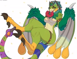 Size: 2359x1800 | Tagged: suggestive, artist:abyssalwolfy, fictional species, pukei-pukei, reptile, anthro, monster hunter, big breasts, big butt, breasts, butt, featureless breasts, featureless crotch, female, fluff, goggles, goggles on head, long tongue, neck fluff, solo, solo female, tail, tongue, tongue out, wings