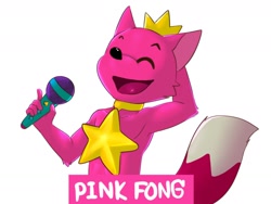 Size: 1280x960 | Tagged: safe, artist:faxclington korrs, pinkfong (pinkfong), canine, fox, mammal, anthro, pinkfong, crown, dipstick tail, fur, jewelry, male, microphone, pink body, pink fur, regalia, simple background, solo, solo male, tail, white background