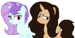 Size: 1280x643 | Tagged: safe, artist:徐詩珮, oc, oc only, oc:diamant, oc:janeth, equine, fictional species, mammal, pony, unicorn, feral, hasbro, my little pony, duo, duo female, female, females only, looking away