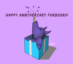 Size: 792x701 | Tagged: safe, artist:execrable, astra, canine, fox, mammal, feral, 2021 furbooru anniversary, furbooru, 2021, ambiguous gender, anniversary, claws, ear fluff, eyes closed, fluff, fur, happy, in a box, looking up, mascot, meta, present, purple body, purple fur, signature, simple background, solo, solo ambiguous, tail, tail fluff