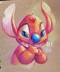 Size: 850x1024 | Tagged: safe, artist:creesa, experiment 627 (lilo & stitch), alien, experiment (lilo & stitch), fictional species, disney, lilo & stitch, 2021, blue eyes, blue nose, ears, fluff, fur, giggling, grin, hands together, head fluff, irl, male, photo, photographed artwork, red body, red fur, solo, solo male, torn ear, traditional art