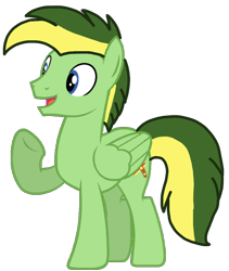 Size: 912x1080 | Tagged: safe, artist:徐詩珮, oc, oc:didgeree, equine, fictional species, mammal, pegasus, pony, feral, hasbro, my little pony, blue eyes, cutie mark, feathered wings, feathers, folded wings, fur, green body, green fur, green hair, hair, male, mane, multicolored hair, open mouth, raised leg, simple background, solo, solo male, standing, tail, transparent background, two toned hair, wings, yellow hair