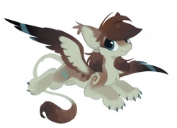 Size: 1518x1095 | Tagged: safe, artist:hioshiru, oc, oc only, feline, fictional species, mammal, sphinx, feral, hasbro, my little pony, 2021, blue eyes, blue feathers, brown body, brown feathers, brown fur, brown hair, chest fluff, claws, cream body, cream fur, cute, cute little fangs, ear tuft, fangs, feathers, fluff, fur, hair, leonine tail, lying down, paws, prone, simple background, smiling, tail, teeth, white background
