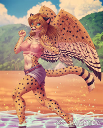 Size: 720x890 | Tagged: suggestive, artist:imanika, oc, oc only, cheetah, feline, mammal, anthro, beach, belt, big wings, blue eyes, breasts, brown hair, clothes, detailed background, ear fluff, eyebrows, eyelashes, feathered wings, feathers, female, fluff, fur, hair, jean shorts, long hair, looking at you, midriff, nipple outline, open mouth, outdoors, pale belly, running, solo, solo female, spotted fur, tail, tail fluff, tan body, tan fur, tank top, topwear, water, wings, yellow body, yellow fur