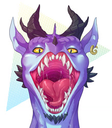 Size: 1119x1280 | Tagged: suggestive, artist:shinbo, dragon, fictional species, reptile, scaled dragon, ambiguous form, bust, ear piercing, earring, female, horns, mawshot, open mouth, piercing, saliva, sharp teeth, solo, solo female, teeth, tongue