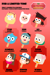 Size: 740x1117 | Tagged: safe, artist:themaxofthemaximum, dipper pines (gravity falls), finn the human (adventure time), gumball watterson (tawog), hilda (hilda), k.o. (ok k.o.), louie duck (disney), mabel pines (gravity falls), star butterfly (star vs. the forces of evil), webby vanderquack (ducktales), bird, cat, duck, feline, fictional species, human, mammal, waterfowl, anthro, humanoid, adventure time, cartoon network, disney, ducktales, ducktales (2017), gravity falls, hilda (series), mickey and friends, ok k.o.! let's be heroes, star vs. the forces of evil, the amazing world of gumball, brother, brother and sister, child, fake, female, food, male, mewman, popsicle, siblings, sister, teenager, twins, young