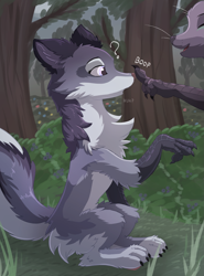 Size: 1503x2036 | Tagged: safe, artist:nighty, oc, oc:hioshiru, oc:luna the enfield, bird, canine, enfield, fictional species, fox, mammal, boop, bush, chest fluff, claws, ear fluff, female, flower, fluff, grass, paws, sitting, smiling, surprised, tail, talons, tree, whiskers