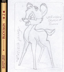 Size: 1024x1151 | Tagged: safe, artist:martenferret, ronno (bambi), cervid, deer, mammal, feral, bambi (film), disney, fawn, irl, male, monochrome, photo, photographed artwork, solo, solo male, teenager, traditional art, ungulate, young